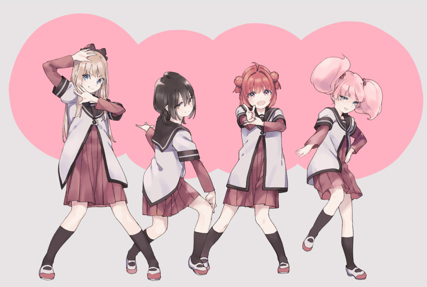 &gt;:) 4girls :d ahoge akaza_akari black_legwear blonde_hair blue_eyes bow brown_eyes brown_hair double_bun finger_gun funami_yui hair_bobbles hair_bow hair_bun hair_ornament highres long_hair looking_at_viewer multiple_girls nanamori_school_uniform open_mouth pink_hair pose poses purple_eyes red_hair school_uniform serafuku shoes short_hair smile socks standing toshinou_kyouko twintails urayamashiro_(artist) yoshikawa_chinatsu yuru_yuri