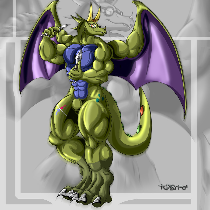 buff cimantelo draggy dragon dragoncima13 eyewear glasses green horn horns kunai male muscles ninja nude solo tail tattoo unknown_artist wings