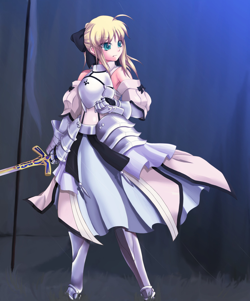 ahoge armor armored_dress artoria_pendragon_(all) bad_id bad_pixiv_id blonde_hair caliburn dress fate/stay_night fate/unlimited_codes fate_(series) green_eyes hair_ribbon highres ichirou ponytail ribbon saber saber_lily short_hair solo sword weapon