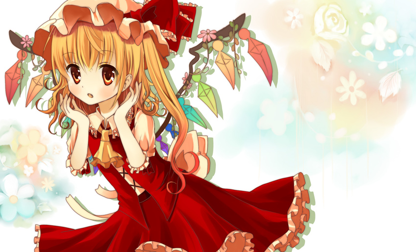 :o ascot blonde_hair face fang flandre_scarlet flower frills gradient_hair hands hat hat_ribbon highres multicolored_hair okemai red_eyes ribbon side_ponytail solo touhou wings