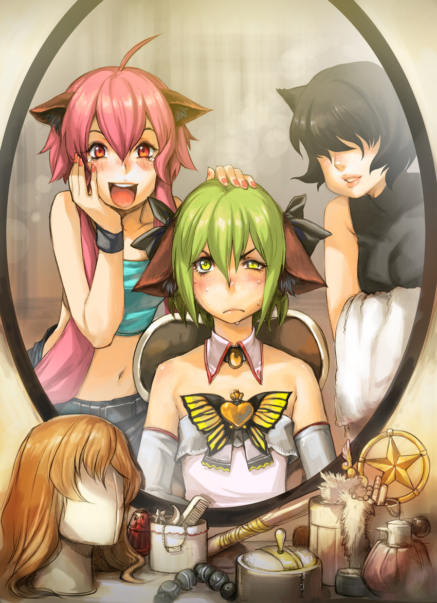 2girls absurdres ahoge animal_ears annoyed black_hair bottle bug butterfly comb doll green_hair hair_over_eyes heart highres insect mirror multiple_girls original otoko_no_ko patipat_asavasena perfume_bottle pink_hair red_eyes reflection star thighhighs wand wig