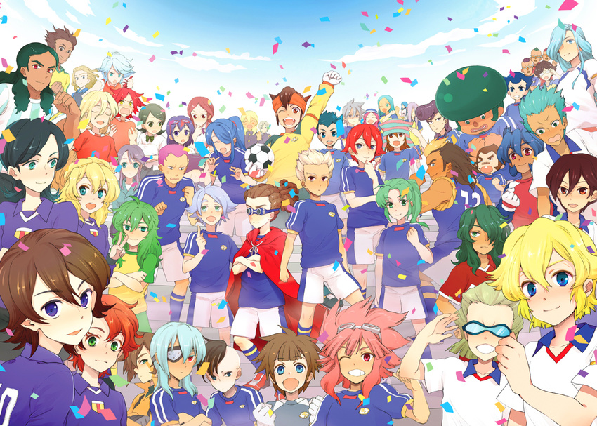 6+girls absolutely_everyone afuro_terumi angelo_gabrini bad_id bad_pixiv_id ball bjorn_kyle blonde_hair blue_hair clothes_writing confetti demonio_strada domon_asuka dylan_keith edgar_valtinas everyone fideo_aldena fubuki_shirou fudou_akio genda_koujirou gianluca_zanardi gouenji_shuuya hair_over_one_eye headband ichinose_kazuya inazuma_eleven inazuma_eleven_(series) inazuma_japan kabeyama_heigorou kazemaru_ichirouta kidou_yuuto kino_aki kiyama_hiroto kogure_yuuya kudou_fuyuka kudou_michiya kurimatsu_teppei long_hair mack_roneejo marco_maseratti mark_kruger matsuno_kuusuke midorikawa_ryuuji miyasaka_ryou multiple_boys multiple_girls nagumo_haruya nerisuke otonashi_haruna purple_hair raimon_natsumi reef_hamilton rococo_urupa sakuma_jirou soccer_ball soccer_uniform someoka_ryuugo sportswear suzuno_fuusuke tachimukai_yuuki telstar teres_tolue tobitaka_seiya tsunami_jousuke urabe_rika utsunomiya_toramaru