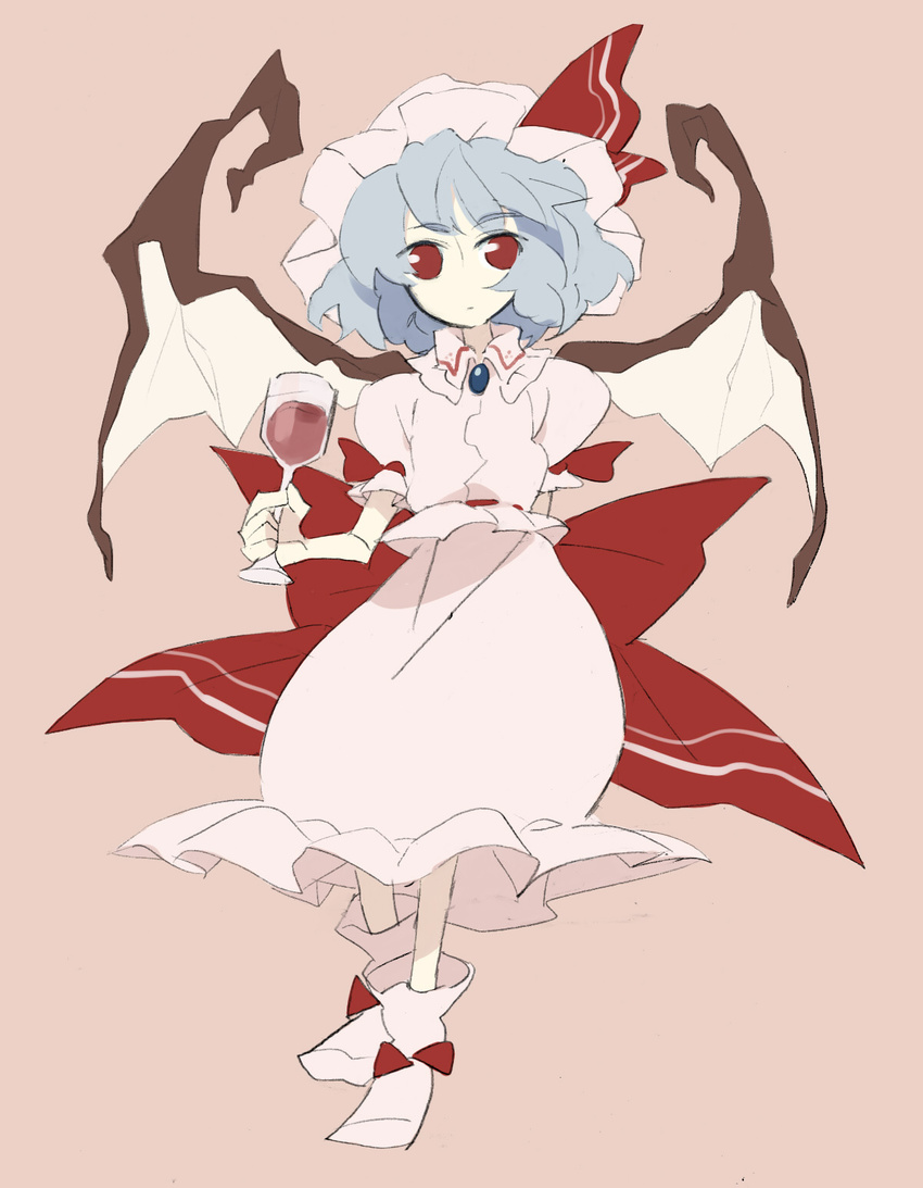 bad_id bad_pixiv_id bat_wings blue_hair cup dress drinking_glass highres maronii red_eyes remilia_scarlet simple_background solo standing touhou wine_glass wings
