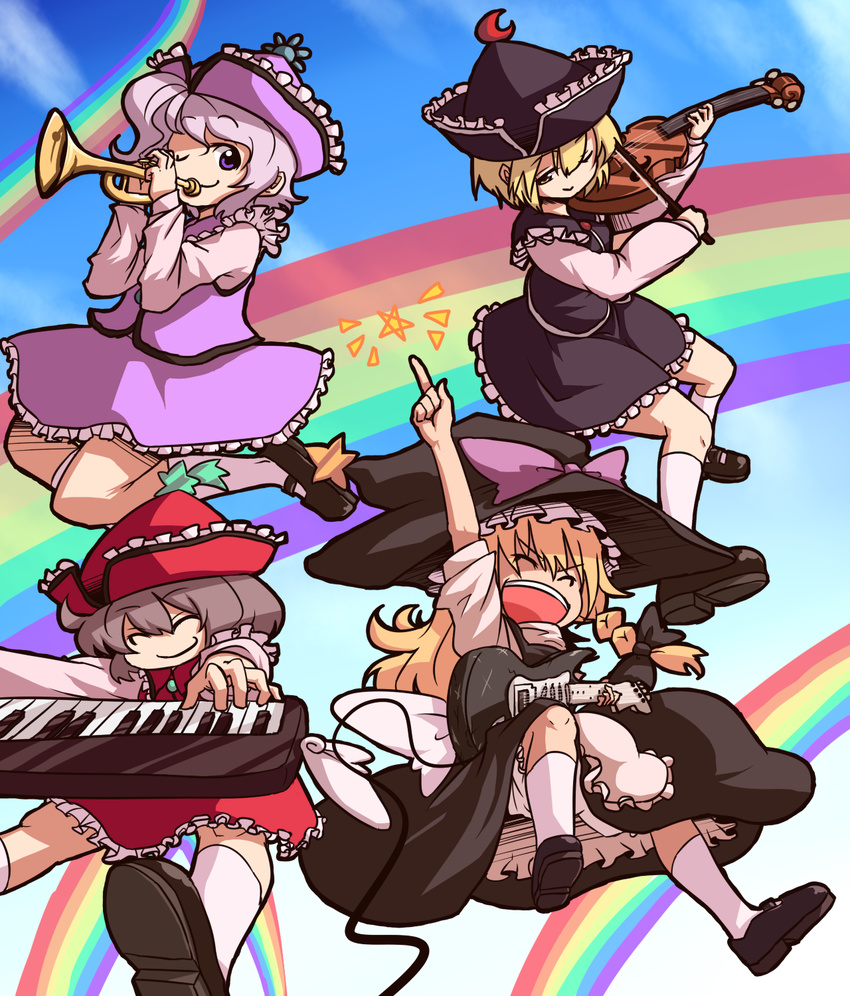 :d ;) apron blonde_hair bloomers bow bow_(instrument) brown_hair cable closed_eyes day electric_guitar epurasu frills guitar happy hat hat_bow highres instrument keyboard_(instrument) kirisame_marisa lunasa_prismriver lyrica_prismriver mary_janes merlin_prismriver multiple_girls one_eye_closed open_mouth pentagram purple_eyes rainbow shoes sky smile star touhou trumpet underwear upskirt v-shaped_eyebrows violin waist_apron witch_hat yellow_eyes