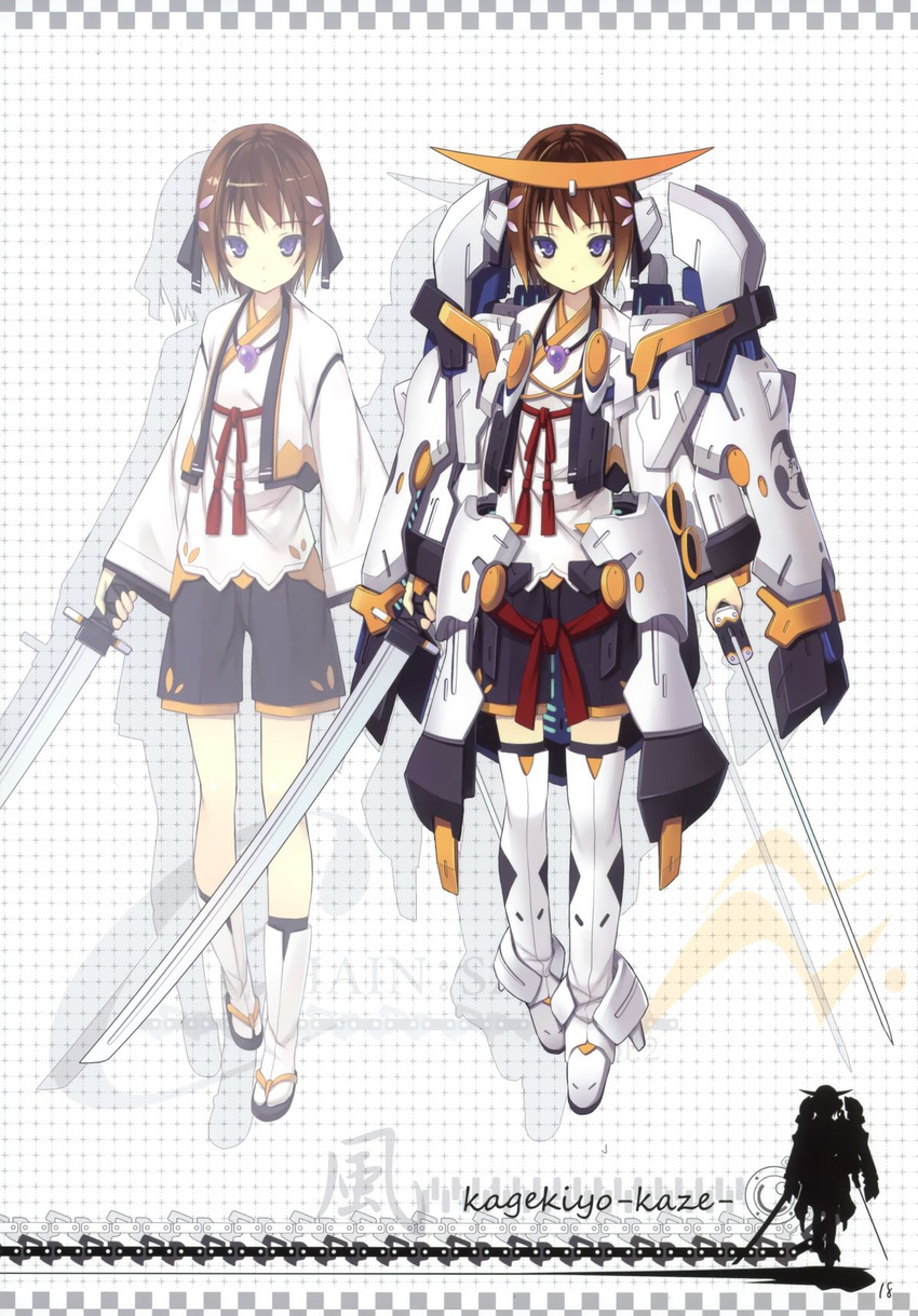 armor blue_eyes brown_hair highres katana poco_(asahi_age) poko sandals sword weapon