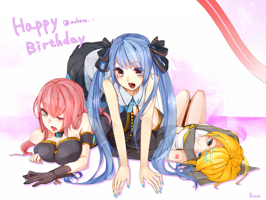 all_fours blue_eyes blue_hair breasts choker gloves green_eyes hair_ornament hair_ribbon hairclip hatsune_miku highres kagamine_rin long_hair lying medium_breasts megurine_luka multiple_girls one_eye_closed open_mouth pekoni_(peconi) red_eyes red_hair ribbon sailor_collar see-through small_breasts thighhighs twintails very_long_hair vocaloid