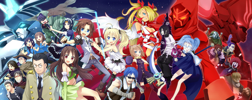 6+girls afro amagai_tarou bare_legs beard belt black_hair blonde_hair blue_eyes blue_hair blush boots breast_hold breasts brown_hair camisole cleavage cloak cowboy cowboy_hat crossed_arms elbow_gloves facial_hair fingerless_gloves gaijin_4koma gas_mask glasses gloves goggles hair_over_one_eye hair_ribbon hat headphones highres large_breasts long_hair maid maid_headdress mecha midriff multiple_boys multiple_girls navel necktie original outstretched_arm pale_skin purple_eyes red_eyes ribbon scar scythe short_twintails skirt smile smirk stitches sunglasses sword thighhighs twintails weapon western wings