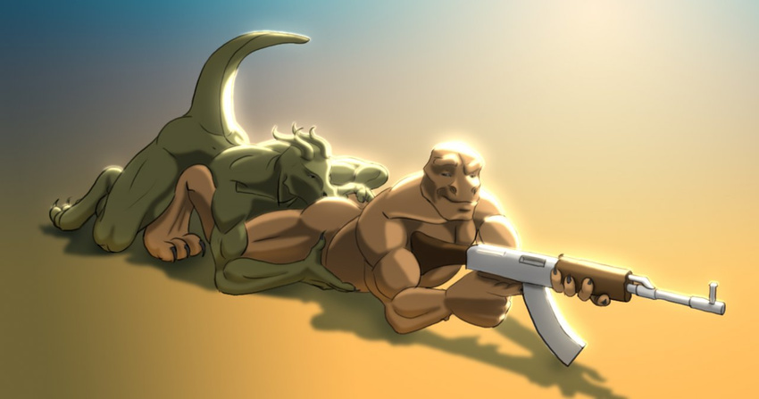 anal anthro brelo_(artist) butt dragon duo from_behind gay green_body gun horn licking lying male muscles nude on_front oral pose raised_tail ranged_weapon rimming scalie tongue weapon what