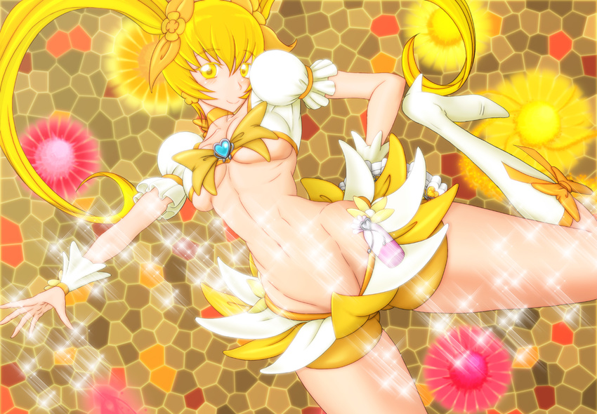 blonde_hair boots bow breasts brown_background choker cure_sunshine floral_background groin heart heartcatch_precure! long_hair magical_girl medium_breasts midriff mosaic_background myoudouin_itsuki navel orange_choker precure skirt solaris solo sparkle twintails underboob yellow yellow_bow yellow_eyes yellow_skirt