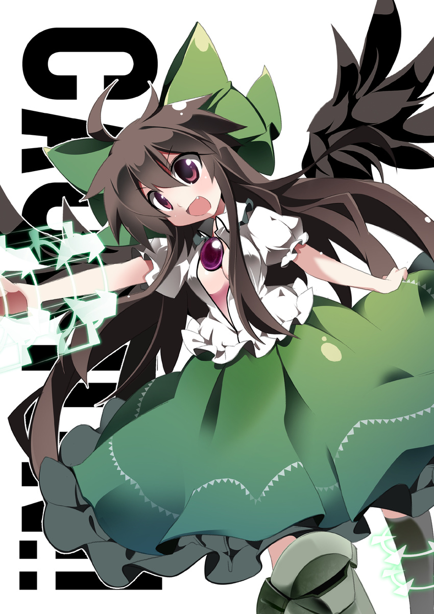ahoge arm_cannon black_hair black_wings bow breasts brown_eyes cleavage fang green_bow hair_bow highres medium_breasts open_clothes open_mouth open_shirt reiuji_utsuho shirt solo third_eye tomatomato_(tomato_kanzume) touhou weapon wings