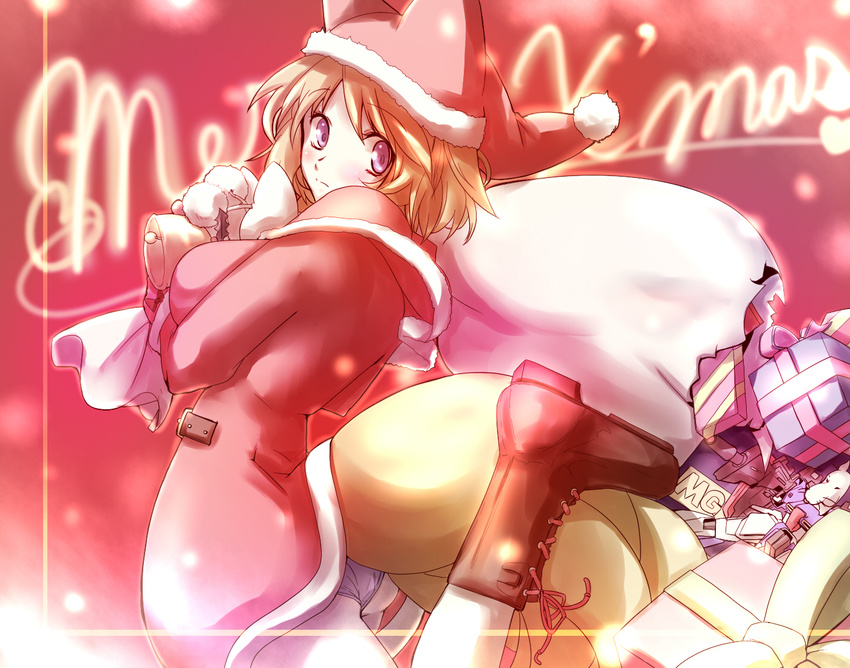 bell blonde_hair blue_eyes boots capelet christmas dearmybrothers fox_tail gift hat multiple_tails panties sack santa_costume santa_hat short_hair snow solo tail touhou toy underwear yakumo_ran