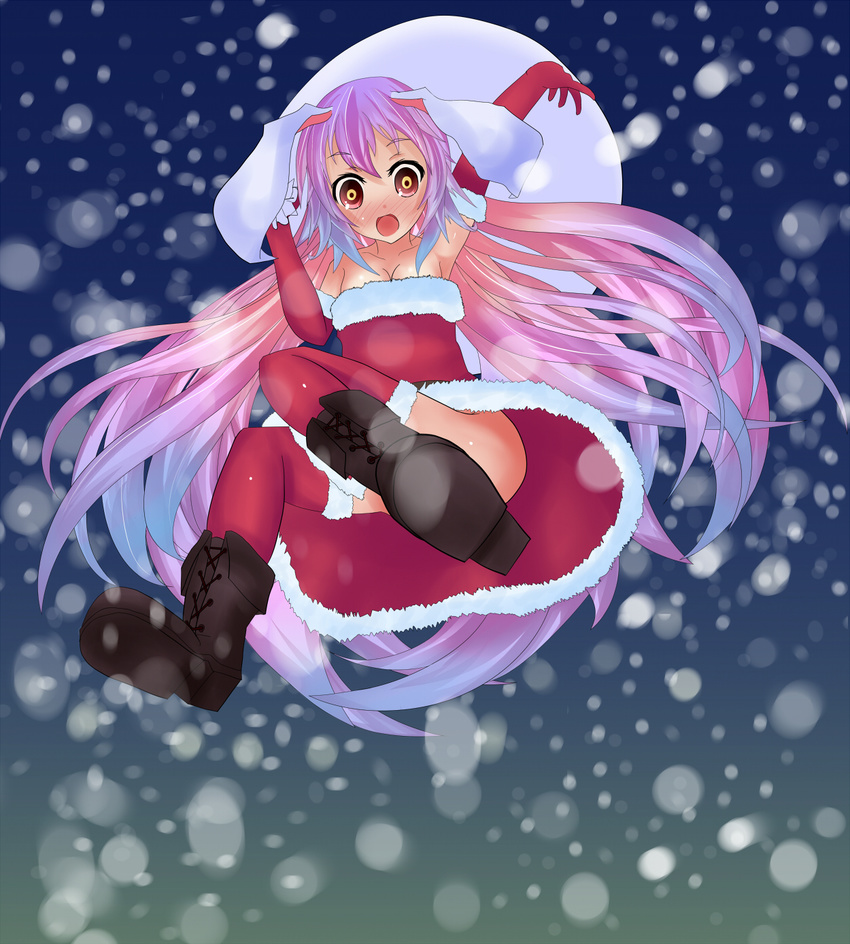 animal_ears bunny_ears christmas gradient_hair highres loki_78 multicolored multicolored_eyes multicolored_hair reisen_udongein_inaba santa_costume solo thighhighs touhou