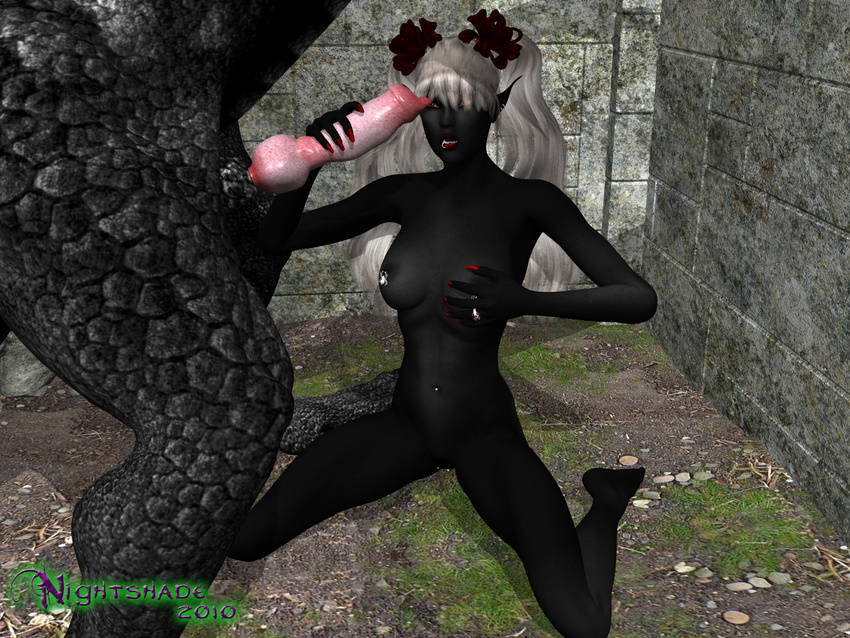 3d animal black_lotus breasts dark_elf dragon drow elf female feral handjob hi_res interspecies kneeling male masturbation non-anthro penis piercing scalie straight zoo