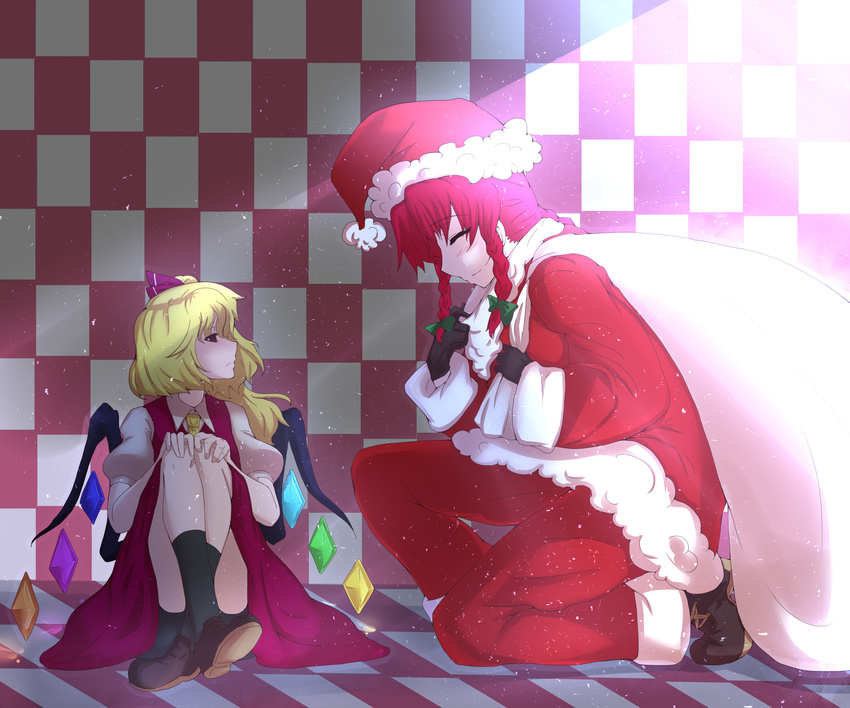 absurdres bakuya blonde_hair braid flandre_scarlet hat highres hong_meiling long_hair md5_mismatch multiple_girls ponytail red_eyes red_hair santa_costume santa_hat short_hair side_ponytail touhou twin_braids wings