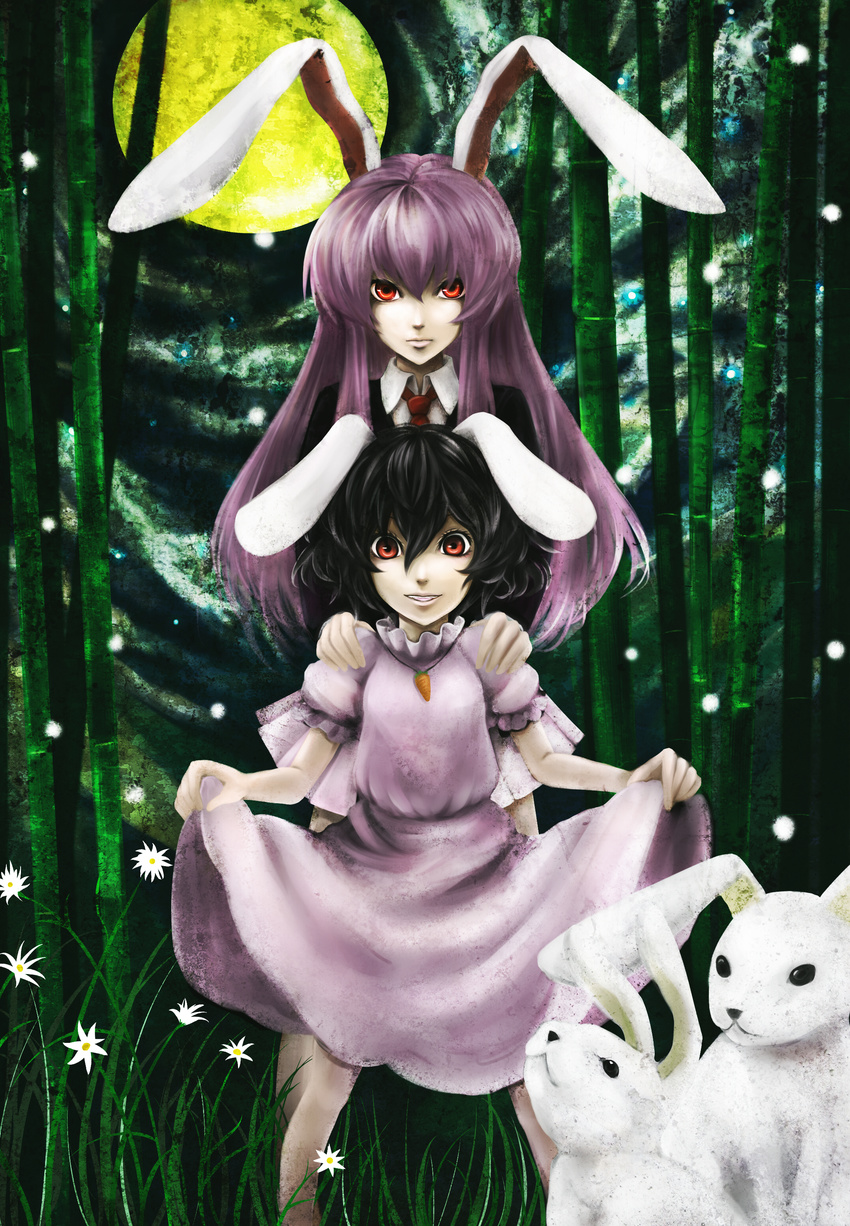 absurdres animal_ears bad_id bad_pixiv_id bamboo bamboo_forest black_hair bunny bunny_ears fireflies flower forest full_moon grass hands_on_shoulders highres inaba_tewi kazabana_fuuka light_smile long_hair looking_at_viewer moon multiple_girls nature night night_sky purple_hair red_eyes reisen_udongein_inaba short_hair skirt skirt_lift sky touhou