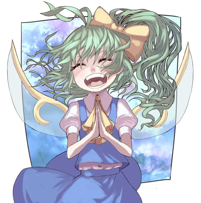 ascot bad_id bad_pixiv_id bow closed_eyes daiyousei fairy_wings green_hair hair_bow highres kansou_samehada long_hair open_mouth side_ponytail solo teeth touhou wings