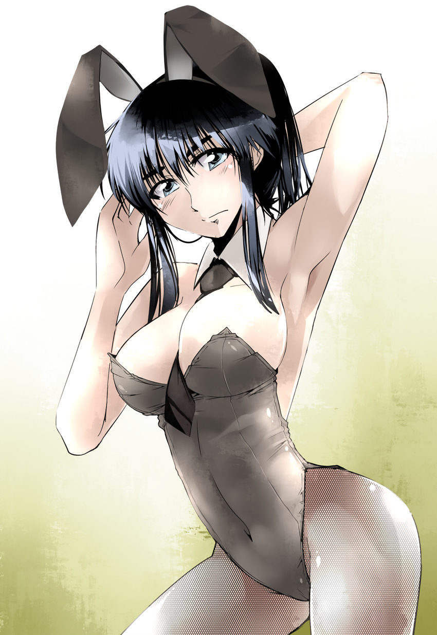 animal_ears armpits between_breasts black_eyes black_hair breasts bunny_ears bunnysuit cosaten curvy face fishnet_pantyhose fishnets highres necktie pantyhose school_rumble short_hair solo suou_mikoto