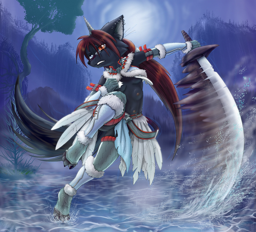 angello_cauich breasts canine cosplay female glasses heterochromia hi_res horns monster_hunter multi_breast raining red_hair sherly_karu solo sword water weapon