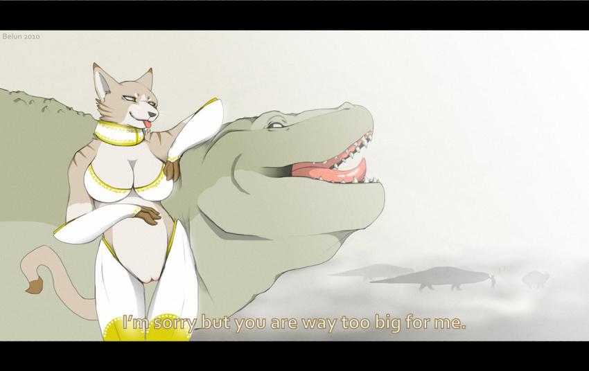 anthro belun big big_breasts breasts canine clothing collar couple dialog duo english_text female fox giant leaning lizard mammal movie_frame reptile scalie text tongue