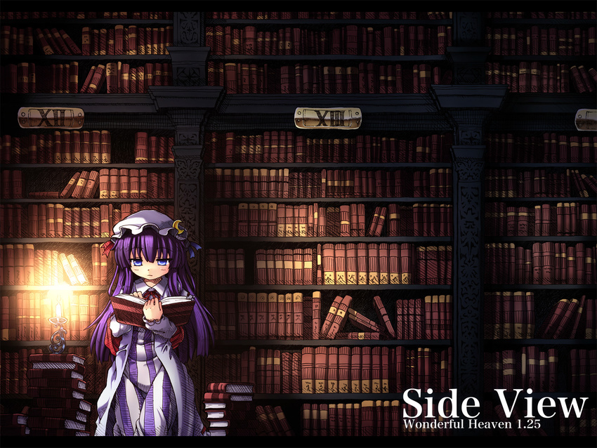blue_eyes book bookshelf candle crescent etogami_kazuya hat highres library long_hair patchouli_knowledge purple_hair reading solo touhou voile wallpaper