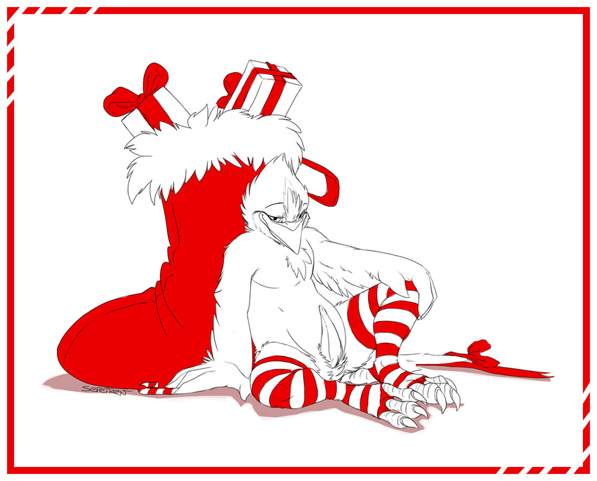 beak bird blue_jay border bow candy_cane chest_tuft christmas christmas_stockings claws crest display displaying feathers fur gift holiday holidays legwear male penis plain_background presenting ribbons sefeiren shadow sinclair sitting sketch solo spread_legs spreading stocking stripes thigh_highs tuft white_background wings xmas
