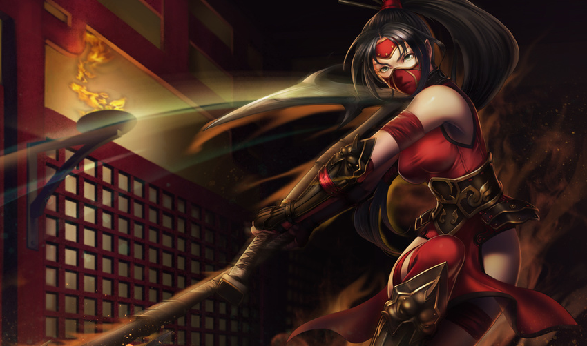 akali alternate_costume arm_guards armband armor armpits bare_shoulders black_hair breasts corset crimson_akali dual_wielding embers faulds fire forehead_protector greaves green_eyes hair_ornament hair_stick halterneck high_ponytail holding holding_weapon japanese_clothes kama_(weapon) league_of_legends leg_up leotard long_hair long_ponytail looking_at_viewer mask medium_breasts motion_blur ninja official_art pelvic_curtain ponytail red_legwear red_leotard serious sickle solo taut_clothes thigh_strap thighhighs turtleneck vambraces very_long_hair weapon