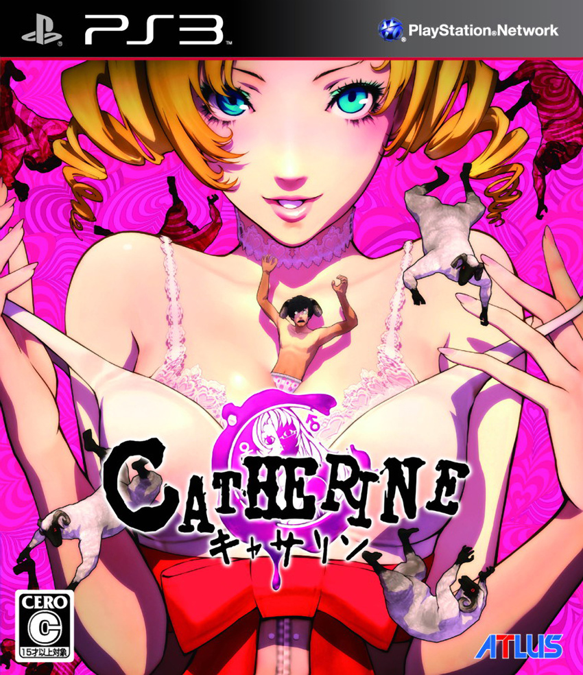 1girl bare_shoulders between_breasts blonde_hair blue_eyes boxers breasts catherine catherine_(game) choker cleavage cover drill_hair eyelashes eyeliner game_console game_cover heart highres lingerie makeup medium_breasts miniboy nail_polish official_art open_mouth person_between_breasts pink_nails playstation_3 scan sheep smile soejima_shigenori twin_drills twintails underwear undressing upper_body vincent_brooks