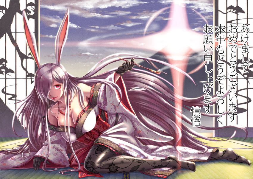 animal_ears breasts bunny_ears feet hair_over_one_eye japanese_clothes kimono kiseru large_breasts lips long_hair lying mole mole_under_mouth off_shoulder on_side original pantyhose pipe purple_hair red_eyes shingo_(picturepuzzle) solo sun yuujo