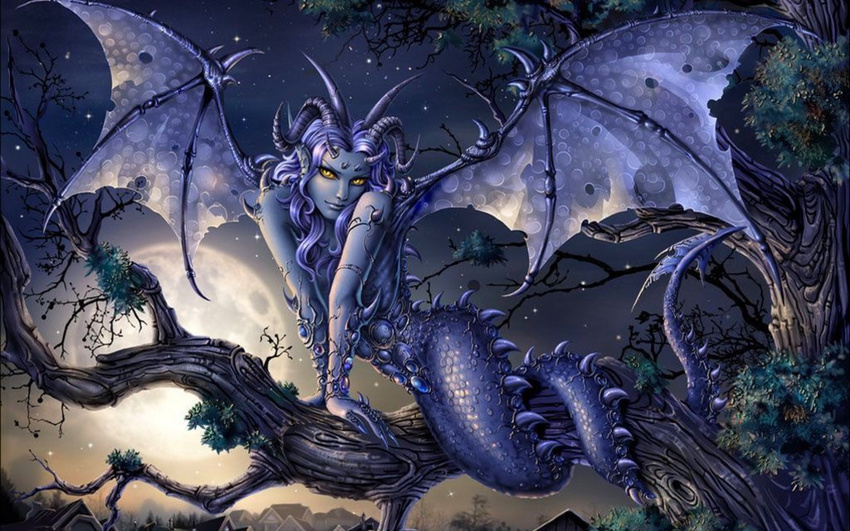 claws female horns moon purple purple_hair scalie solo tail tree unknown_artist winged_lamia wings wood yellow_eyes