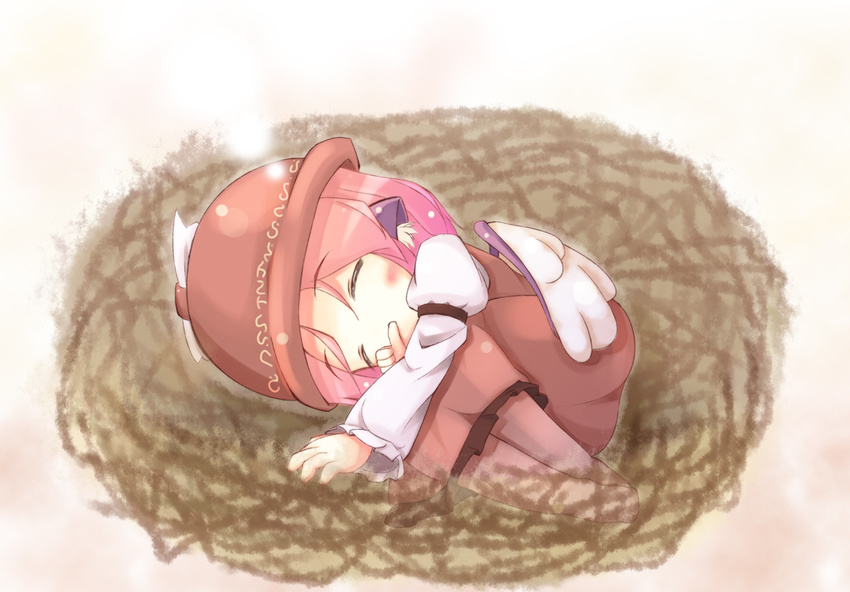 animal_ears blush boxinhev closed_eyes dress fetal_position finger_in_mouth hat long_sleeves lying mystia_lorelei nest on_side pink_hair short_hair sleeping solo touhou wings younger