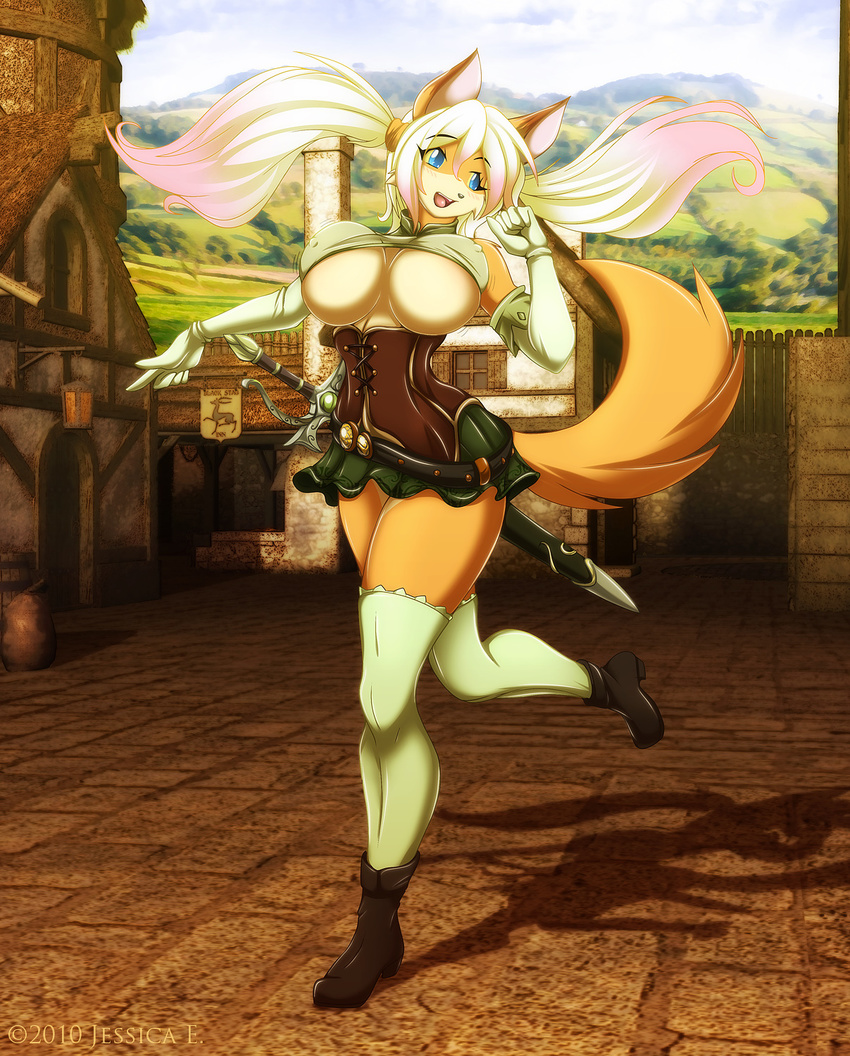 asking_for_it back_problems big_breasts blue_eyes bounce breasts canine corset ditzy fantasy female fox gloves huge_breasts jessica_elwood lucine miniskirt pigtails pink_hair princess_lucine solo stockings sword tail town unconvincing_armour under_boob warrior weapon