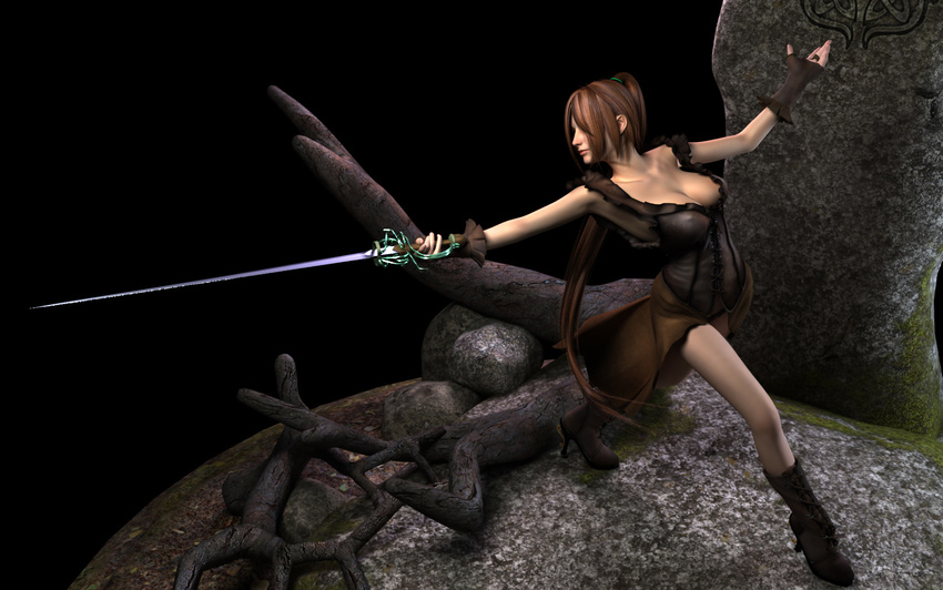 3d breasts brown_hair cleavage corset fingerless_gloves gloves hair_over_eyes hiro3787 large_breasts long_hair original ponytail pose rapier solo sword very_long_hair weapon
