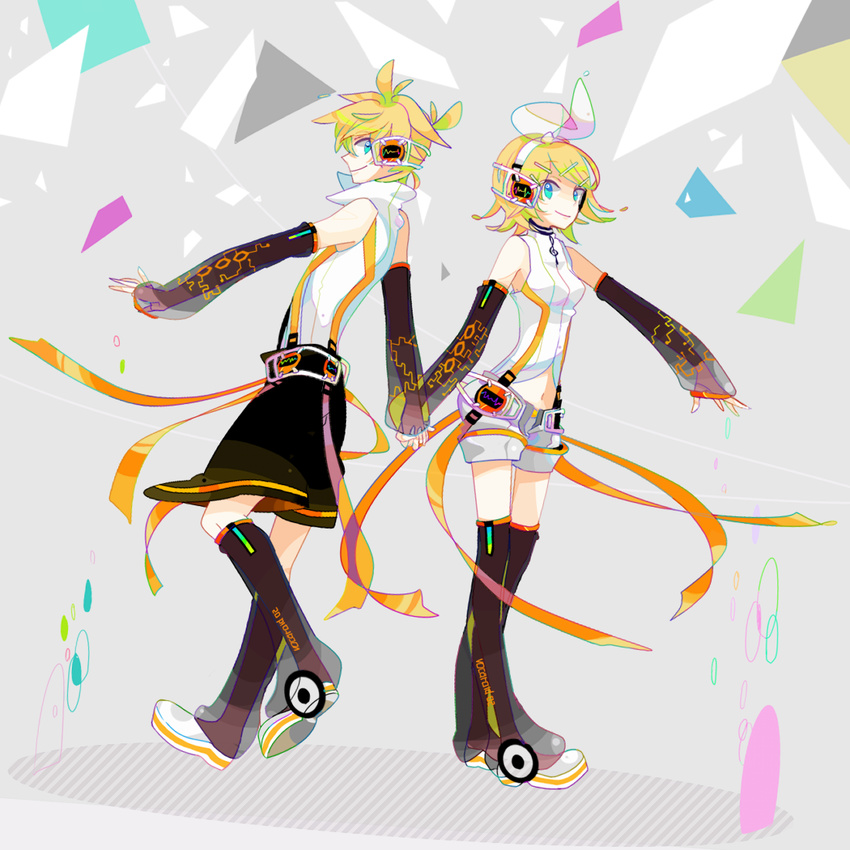 1girl arm_warmers bare_shoulders blonde_hair blue_eyes brother_and_sister detached_sleeves hair_ornament hair_ribbon hairclip hako_(swimjelly) headphones holding_hands kagamine_len kagamine_len_(append) kagamine_rin kagamine_rin_(append) leg_warmers midriff navel ribbon short_hair shorts siblings standing twins vocaloid vocaloid_append