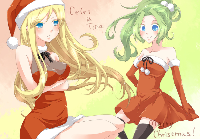 blonde_hair blue_eyes blush breasts celes_chere character_name christmas cleavage dress elbow_gloves final_fantasy final_fantasy_vi frown ginshachi gloves green_hair hat long_hair medium_breasts multiple_girls ponytail red_gloves santa_costume santa_hat small_breasts smile thighhighs tina_branford
