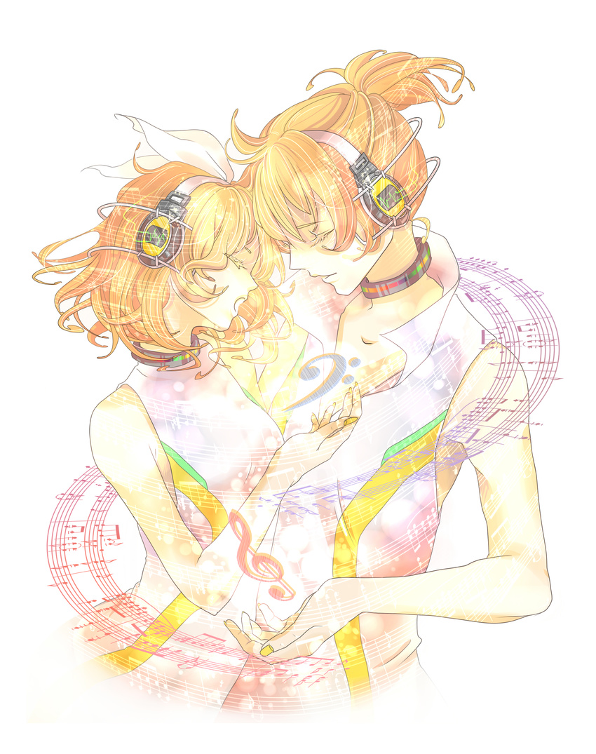 1girl absurdres bass_clef blonde_hair brother_and_sister closed_eyes hair_ribbon headphones highres kagamine_len kagamine_len_(append) kagamine_rin kagamine_rin_(append) msk popped_collar ribbon short_hair siblings treble_clef twins vocaloid vocaloid_append