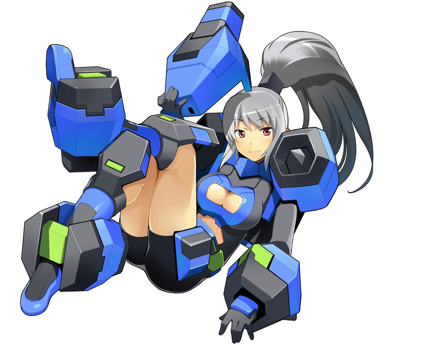 big_breasts bike_shorts breasts cleavage cosmic_break female full_body large_breasts long_hair mecha_jetter_girl mecha_musume midriff ponytail red_eyes silver_hair simple_background smile solo white_background