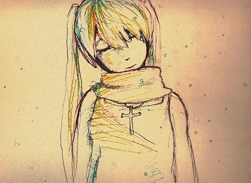 christmas_morgue_(vocaloid) closed_eyes cross hachi hatsune_miku jewelry long_hair multicolored_hair necklace scarf sketch solo twintails vocaloid