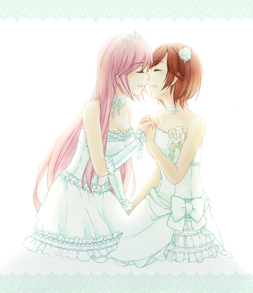 bare_shoulders brown_hair closed_eyes couple dress flower highres holding_hands long_hair megurine_luka meiko multiple_girls pink_hair simple_background ssn tiara vocaloid wedding_dress wife_and_wife yuri