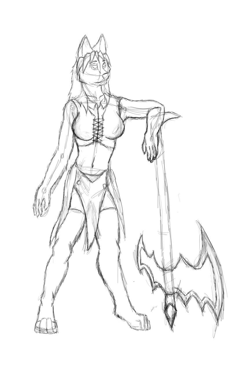 axe bat canine female hi_res monochrome sketch skimpy solo weapon white_background