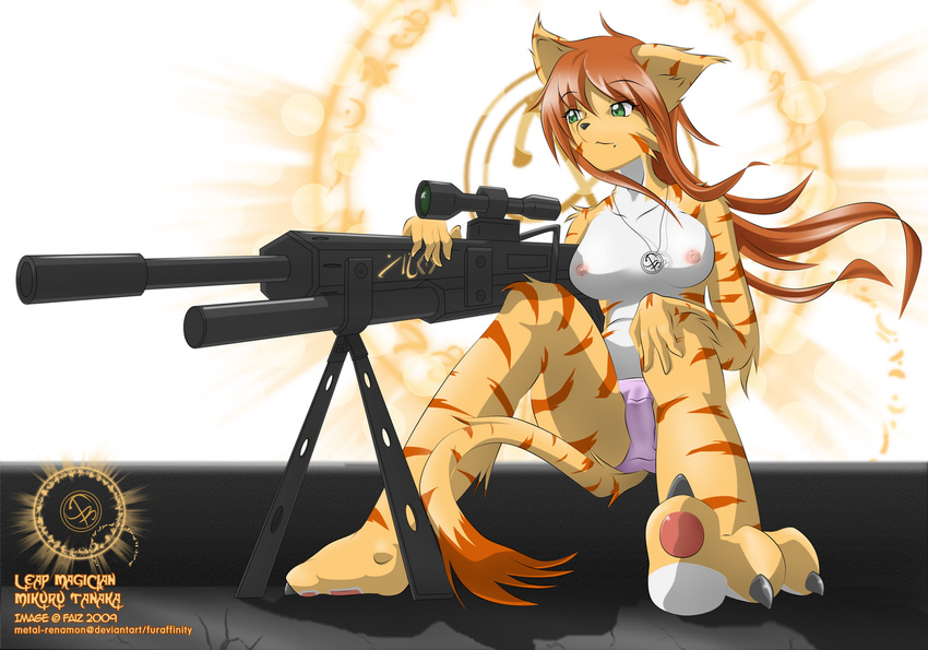 bipod breasts claws clothed clothing feline female fur green_eyes gun hair leap long_hair magic_circle magician mammal metal-renamon necklace nipples nude orange orange_hair orange_markings panties ranged_weapon rifle runes scope sitting skimpy sniper sniper_rifle solo stripes tiger topless underwear weapon white white_belly yellow yellow_fur