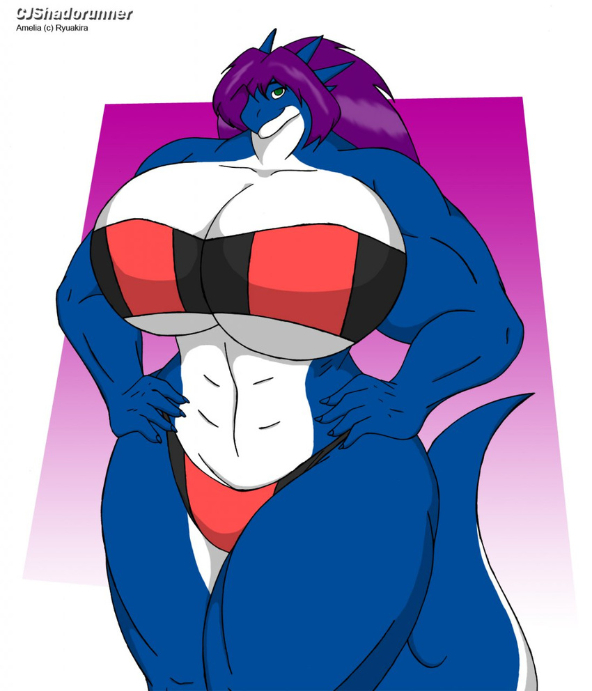 amelia biceps big_breasts bikini breasts clothed clothing dragon female huge_breasts muscles muscular_female scalie skimpy solo swimsuit thick_thighs tight_clothing tiny_head unknown_artist wide_hips