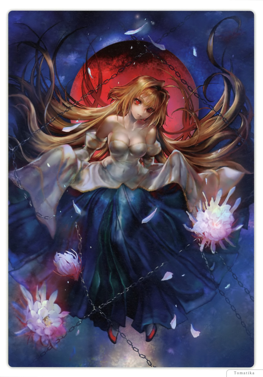 absurdres archetype_earth arcueid_brunestud bare_shoulders blonde_hair breasts chain detached_sleeves dress flower full_moon highres long_hair medium_breasts moon red_eyes red_moon solo spider_lily strapless strapless_dress tomatika tsukihime very_long_hair