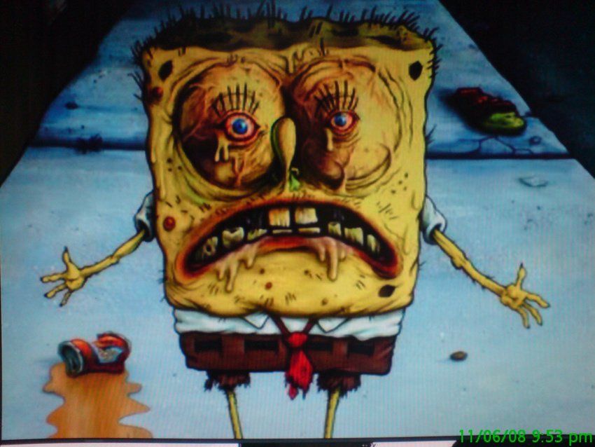 alley blue_eyes creepy grimy gritty hi_res kill_it_with_fire lol male menacing night nightmare_fuel nightmarish run_while_you_can solo spengbab spengebab sponge spongebob_squarepants spongebob_squarepants_(character) what