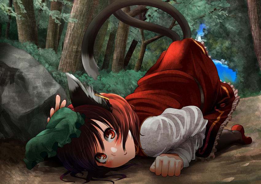 animal_ears blush brown_eyes brown_hair cat_ears cat_tail chen earrings face fang forest hat highres jewelry multiple_tails nature on_floor pantyhose short_hair solo tail top-down_bottom-up touhou yana_(nekoarashi)