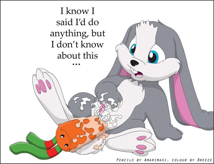 :) anal b486 balls blue_eyes breeze carrot carrot_dildo cub cum feral food_play gay improvised_dildo lagomorph male mammal pawpads paws penis plain_background rabbit rule_34 schnuffel snuggle_bunny tapering_penis text tongue toy white_background young
