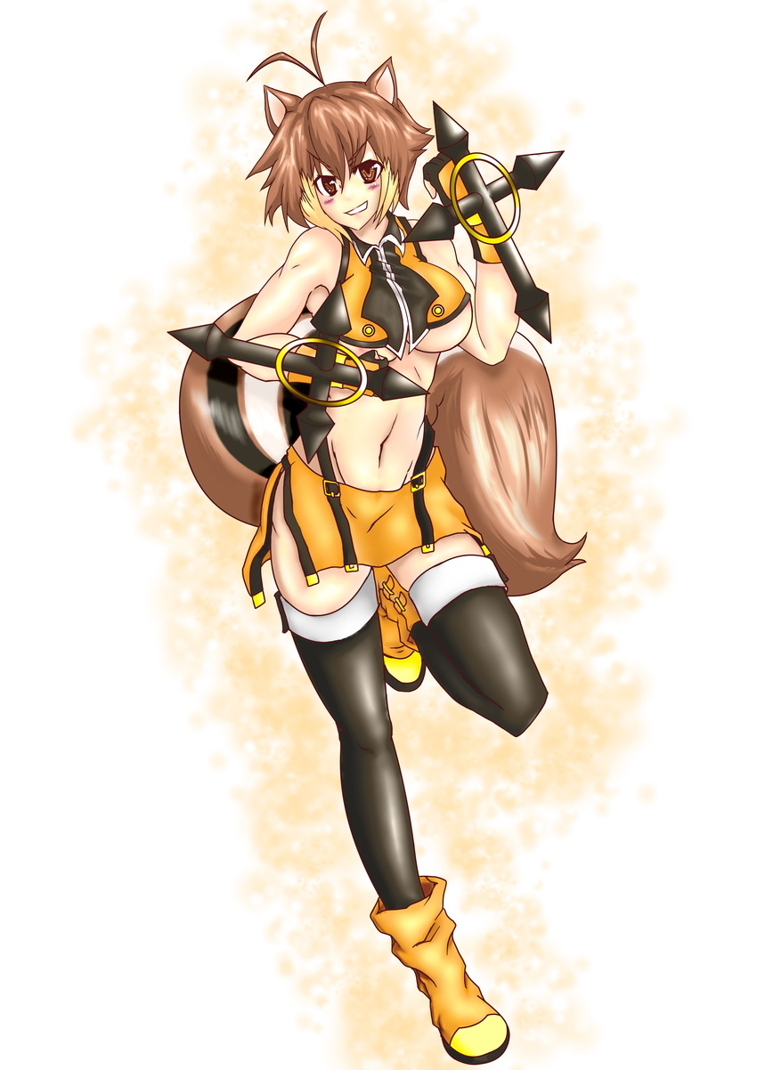 absurdres animal_ears bare_shoulders berkut blazblue blush boots breasts brown_eyes brown_hair highres makoto_nanaya medium_breasts miniskirt multicolored_hair orange_skirt revealing_clothes short_hair skirt smile solo squirrel_ears squirrel_tail tail thighhighs tonfa underboob weapon