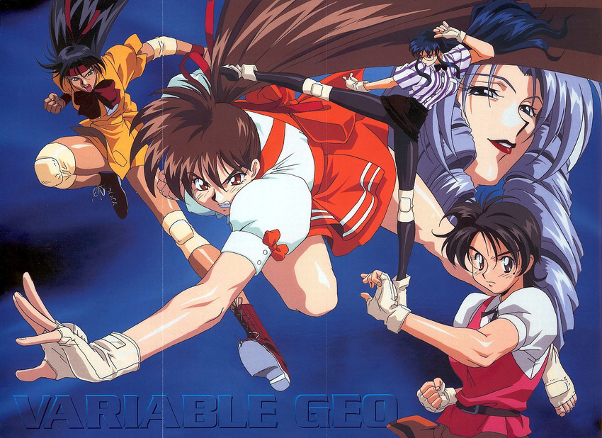 battle black_hair blush bow bowtie brown_hair drill_hair jahana_reimi kimura_takahiro kubota_jun long_hair looking_at_viewer multiple_girls orange_skirt ponytail puffy_short_sleeves puffy_sleeves red_bow red_neckwear red_skirt short_sleeves skirt sportswear takeuchi_yuka variable_geo very_long_hair waitress yajima_satomi yanase_kaori