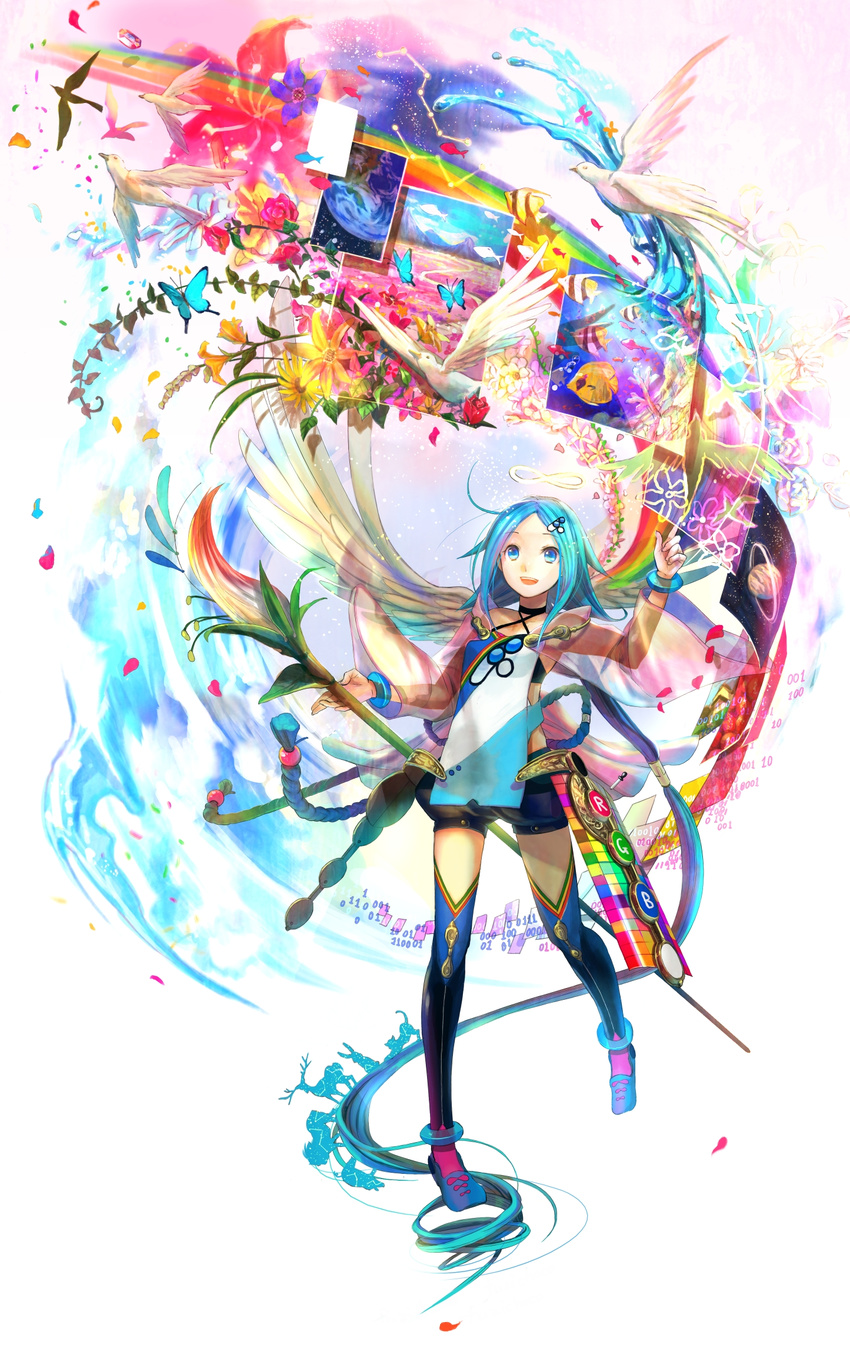 angel_wings anklet aqua_hair binary bird blue_eyes blue_hair bracelet colorful fish flower fuji_choko highres infinity jewelry long_hair open_mouth original petals photo_(object) smile solo space star surreal thighhighs very_long_hair water wings