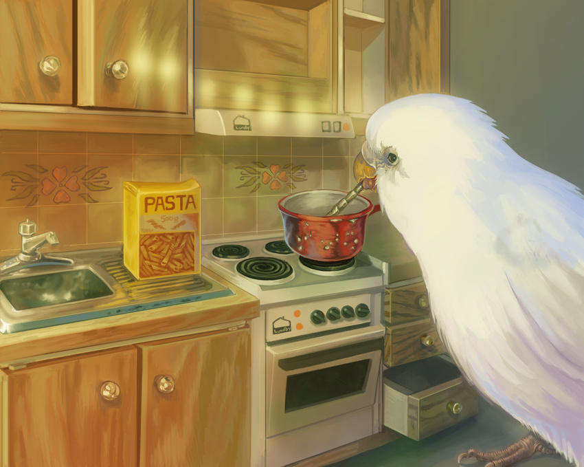 bird canary cooking cute food hi_res japanese_bird_cooking_spaghetti kitchen oven pasta solo unknown_artist