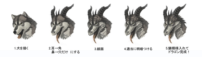 artist_request dog dragon fangs horns how_to japanese mammal open_mouth plain_background simple_background tongue transformation translated translation_request unknown_artist white_background wolf